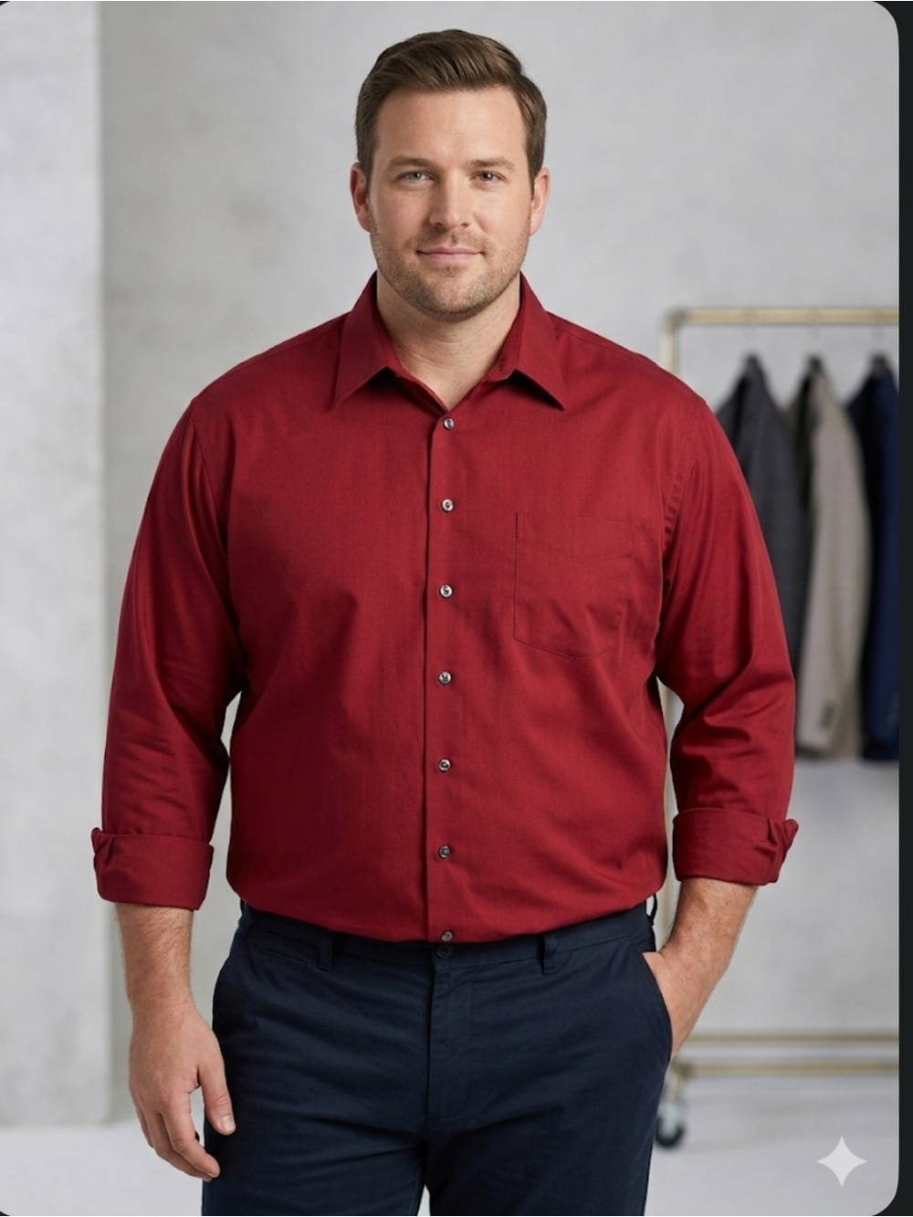 Axcess Men's Long-Sleeve Button-Up Shirt in Deep Red. Size-XL